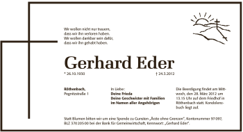 Traueranzeige von Gerhard Eder von Pegnitz-Zeitung